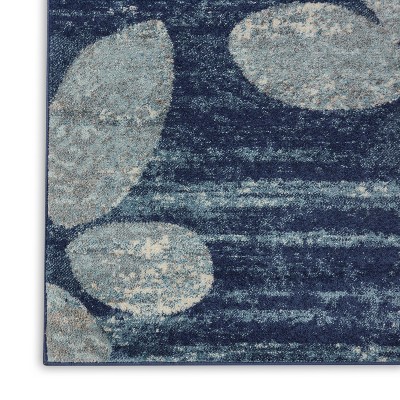 Navy and Light Blue Floral Synthetic Runner Rug