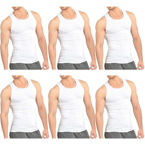 6 Mens Tank Top 100% Cotton A-Shirt Wife Beater Ribbed Muscle Undershirt  Black