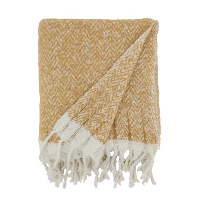 Natural Faux Mohair Herringbone Fringed Throw Blanket