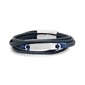 Steeltime Men's layered navy blue leather with stainless steel Our Father prayer id bracelet - 1 of 4