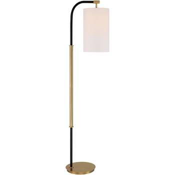 Possini Euro Design Sausalito Mid Century Modern Downbridge Floor Lamp 67" Tall Warm Gold Black Metal Linen Cylinder Shade for Living Room Reading