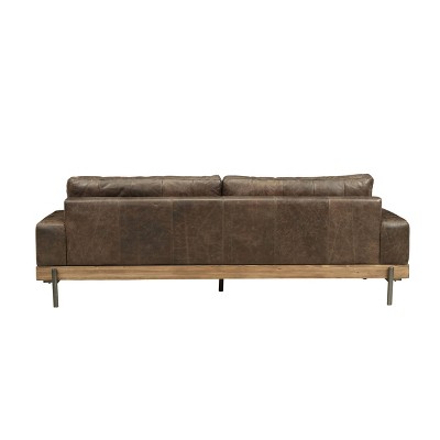 Elegant Oak and Distressed Chocolate Leather Sofa with Track Arms