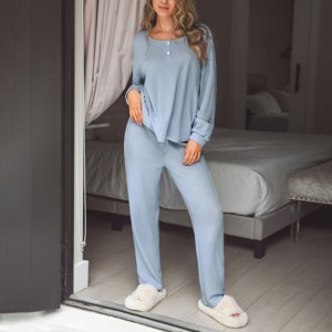 Women's Pink Waffle Knit Long Sleeve & Pants Pajama Set - Cupshe - 1 of 4