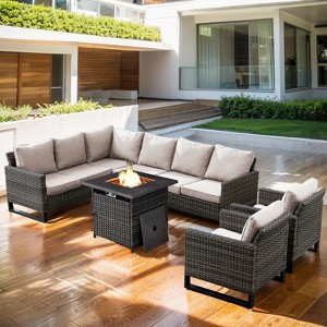 Buenhomino 6 Pieces Outdoor Patio Furniture Set with Propane Gas Fire Pit Table, Outdoor Sectional Sofa PE Rattan Wicker Patio Conversation Sets - 1 of 4