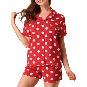 Allegra K Womens Short Sleeve Notch Collar Piped Button Down Sleepwear Polka Dots Pajama Sets - 1 of 4