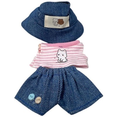 Doll Clothes Superstore Kitten Cute Shirt with Denim Pants and Hat for 17.5 cm Labubu Dolls