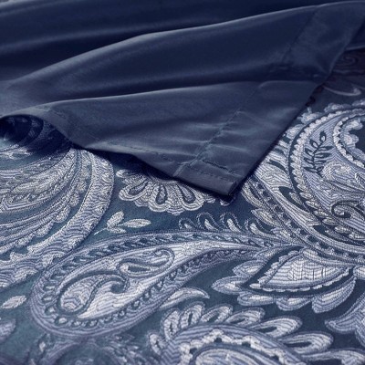 Navy Paisley Jacquard Shower Curtain with Color Block Panel
