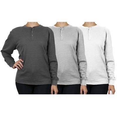 Blue Ice  Women's Loose Fit  Waffle-Knit Thermal Henley- 3 Pack