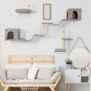 Wall-mounted Cat Tree, Cat Furniture with 2 Cat Condos House, 3 Cat Wall Shelves, 2 Ladder, 1 Cat Perch, Sisal Cat Scratching Posts and Pad - 1 of 4