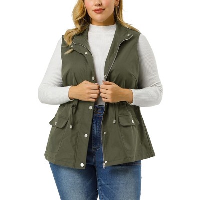 Agnes Orinda Women's Plus Size Utility Vest Cargo Pocket Drawstring Waist  Sleeveless Jacket ArmyGreen 1X