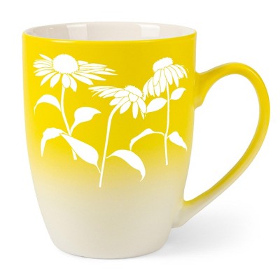Elanze Designs Botanical Floral Flower Coffee Cup Mug 12 Ounce Ceramic With Ombre Gradient Elegant Minimalist Coneflower Silhouette Yellow and White
