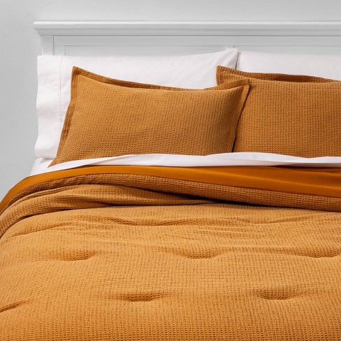 Twin Extra Long Washed Waffle Weave Comforter Sham Set Yellow