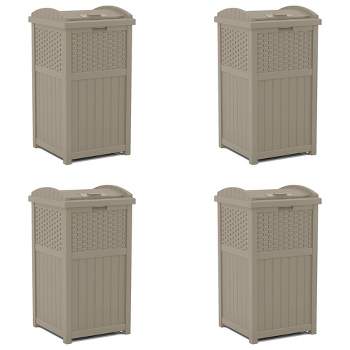 Suncast Wicker Plastic Outdoor Hideaway Trash Can with Sturdy Base & Latching Lid for Use in Lawn, Backyard, Deck, or Patio, Dark Taupe (4 Pack)