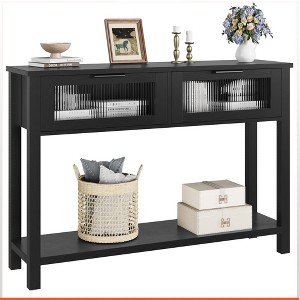 Homhougo Entryway Table, Wood Console Table with 2 Glass Drawers Black - 1 of 4