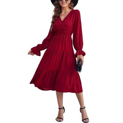 Women's Casual Wrap V Neck Midi Dress Long Sleeve Smocked Waist Tiered A Line Pleated Flowy Long Dress