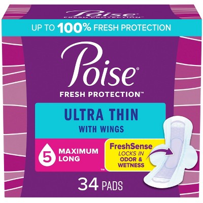 Poise Ultra Thin Incontinence Pads with Wings for Women - Maximum Absorbency - 5 Drop - Long - 34ct