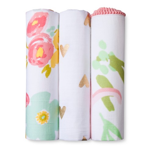 Cloud Island Muslin Swaddle Blankets Wildflower 3 Pack Floral NEW DISTRESSED BOX 