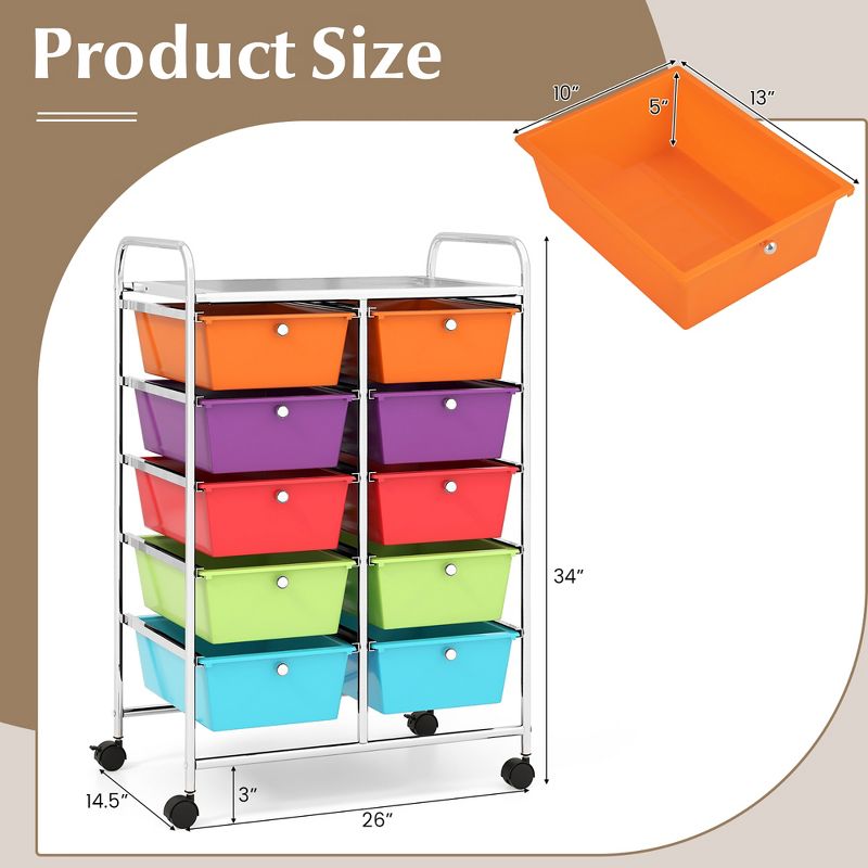 Tangkula 10-Drawer Rolling Storage Cart Tools Scrapbook Paper Organizer on Wheels Multicolor, 3 of 11
