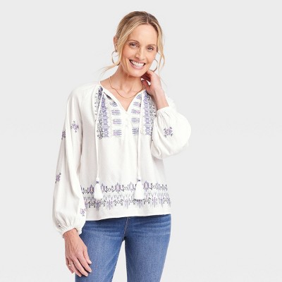 Women's Long Sleeve Embroidered Top - Knox Rose™ White XXL