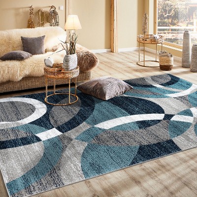 Blue Geometric Circles Stain-Resistant Area Rug 5'3" x 7'3"