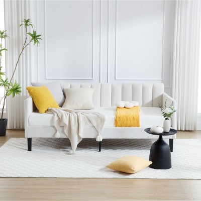 NicBex Twin Size Boucle/Velvet Upholstered Daybed with Ribbed Tufted Backrest for Bedroom,Living Room,Apartment,Ivory