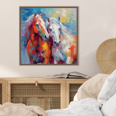 Vibrant Abstract Horses Canvas Art in Ornate Frame