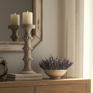 Wood Pillar Candle Holder with Decorative Beads, Antique Finish Candlestick for Home or Wedding Decor, Ivory/Beige - 1 of 4