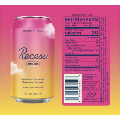 Recess Mood Raspberry Lemon Sparkling Water with Magnesium L-Threonate - 4pk/12 fl oz