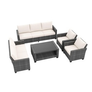 Garvee 5 Pieces Patio Furniture Sets All Weather Outdoor Sectional Patio Sofa, Wicker Rattan Patio Seating Sofas with Cushion and Glass Table, Gray - 1 of 4