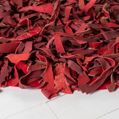 Red Round Hand-Knotted Leather Shag Area Rug