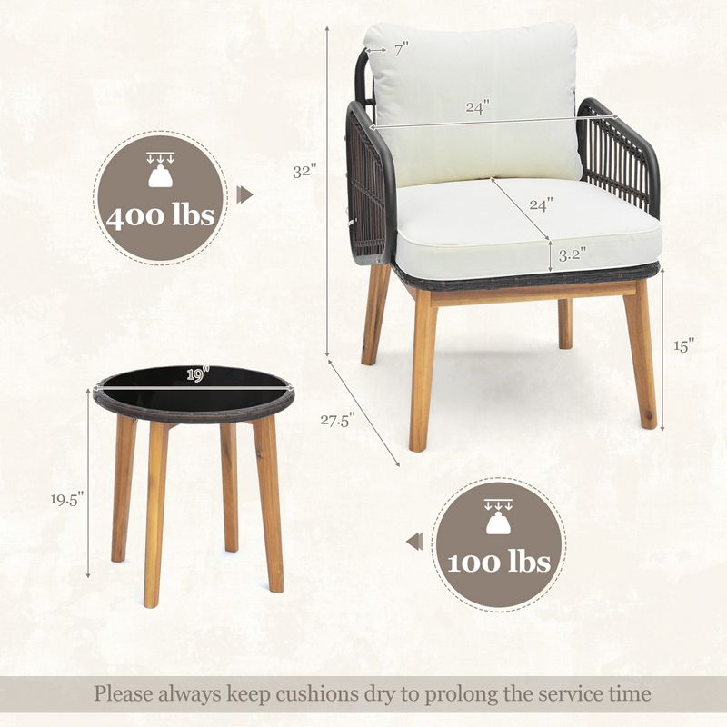 Costway 3 PCS Patio Furniture Set with Cushioned Chairs and Tempered Glass Side Table, 3 of 10