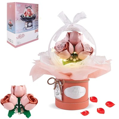 285 Pcs DIY Never-wilting Pink Rose Building Block Set, Artificial Flowers Building Toys with Dust Cover