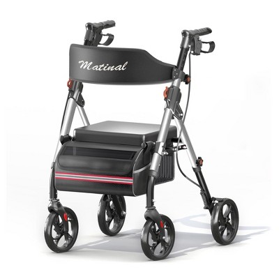 JUJABU Foldable Rollator Walker with Seat, 8'' Wheels, 6-Position Height, Aluminum & Carbon Steel