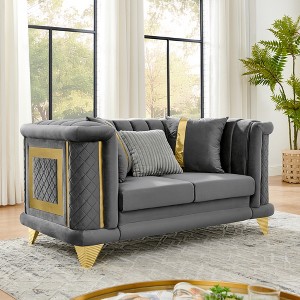 69" Velvet Loveseat Luxury Sofa with Gold Stainless Steel Trims and Embroidered Texture, Mid Century Modern Victorian Tufted Couch - 1 of 4