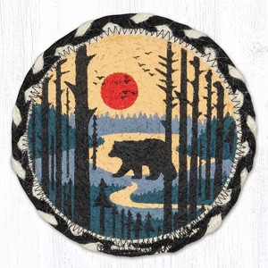 Earth Rugs Bear Scene Round Coaster – 7"x7" Braided Jute with Hand-Stenciled Wildlife & Forest Design for Rustic Cabin Decor - 1 of 3