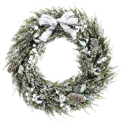 Costway 24''Snowy Artificial Christmas PE Wreath w/ Pine Cones & White Berries