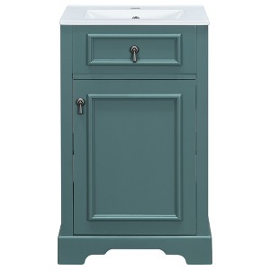 Vynxaria 20-Inch Bathroom Vanity with Ceramic Sink - Soft Close Door, Adjustable U-Shelf, Door-Mounted Rack, Solid Wood+MDF,Green - 1 of 4