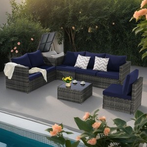 6-Piece Outdoor Patio Wicker Sectional Sofa Set with Corner Table & Glass Top Table - 1 of 4