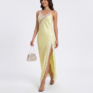lace back satin slip dress Champagne Beige Silk Satin Slip Midi Dress Open Back Lace-up Bridesmaid  dress