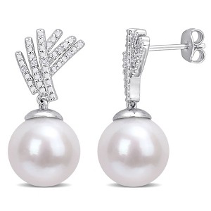 EVERLY JEWELRY | Metal Cultured Pearl and Diamond Accent Drop Earrings - Multiple Metal Type and Pearl Color Options. - 1 of 4