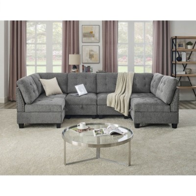 U shape Modular Sectional Sofa�DIY Combination�includes Four Single Chair and Two Corner�Grey Chenille