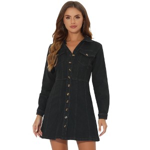 Allegra K Women's Button Down Collar V Neck Long Sleeve Faux Chest Pockets A-line Denim Dress - 1 of 4