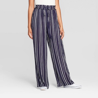 Striped Tie Paperbag Waist Wide Leg Pants