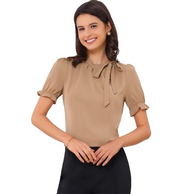 INSPIRE CHIC Women's Bow Tie Neck Solid Color Elastic Cuffs Elegant Office Short Sleeve Blouse
