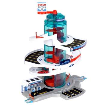Theo Klein Bosch Car Service Helix Shaped Multi Story Parking Garage Pretend Playset Toy with 2 Toy Cars for Kids Aged 3 and Up