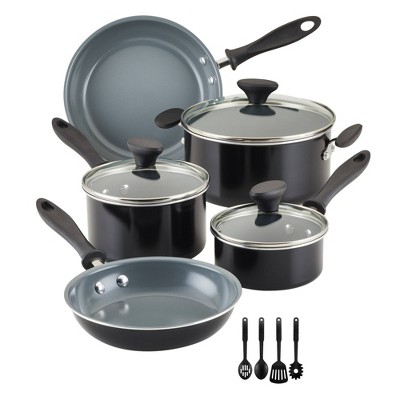 Farberware Reliance Pro 12pc Nonstick Ceramic Cookware Set Black/Gray: Dishwasher-Safe Pan & Pot Set with Glass Lids