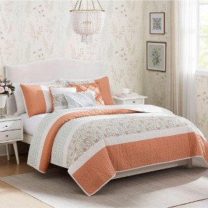 Sapphtopaz 6 Piece Bedding Quilt Set Floral Print Pattern Contrasting Colors Reversible Quilt Set with Throw Pillows - 1 of 4