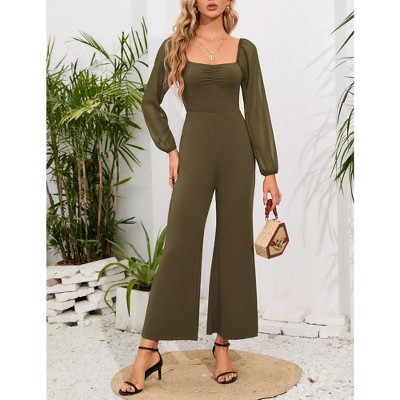 Women's High Waist Wide Leg Jumpsuit Square Neck Off Shoulder Lantern Long Sleeve Romper Outfits