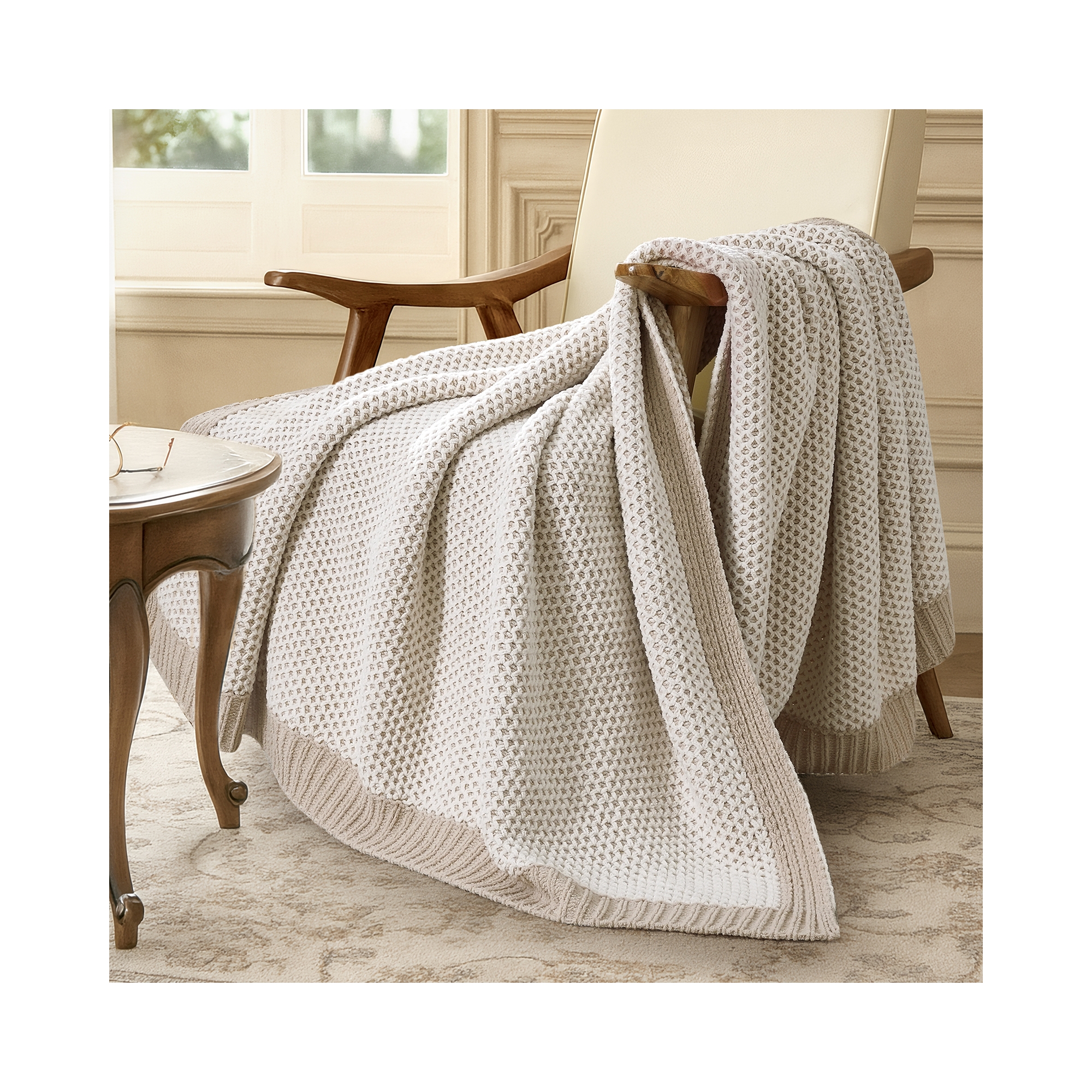 Reversible Chenille Honeycomb Knit Cozy Throw Blanket, 50"X60", Khaki & White-Amelie Home