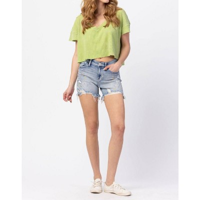 Women's Mid Rise Rainbow Paint Splash Cutoff Destroyed Shorts - Judy Blue